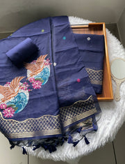 Minimal & Classy Navy Muga Cotton Unstitched Suit Set